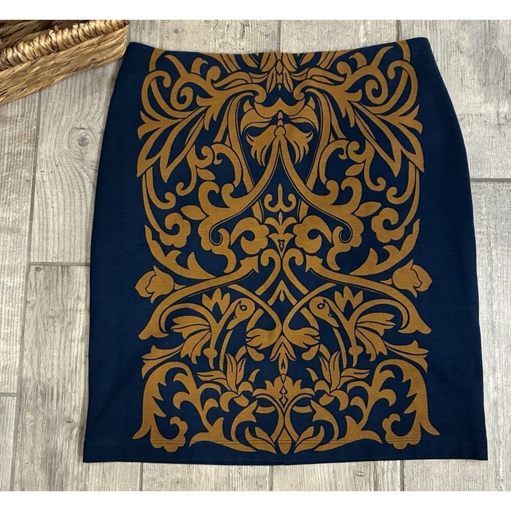 J. McLaughlin Scroll Print Knit Pencil Skirt Navy Gold Baroque Size 4